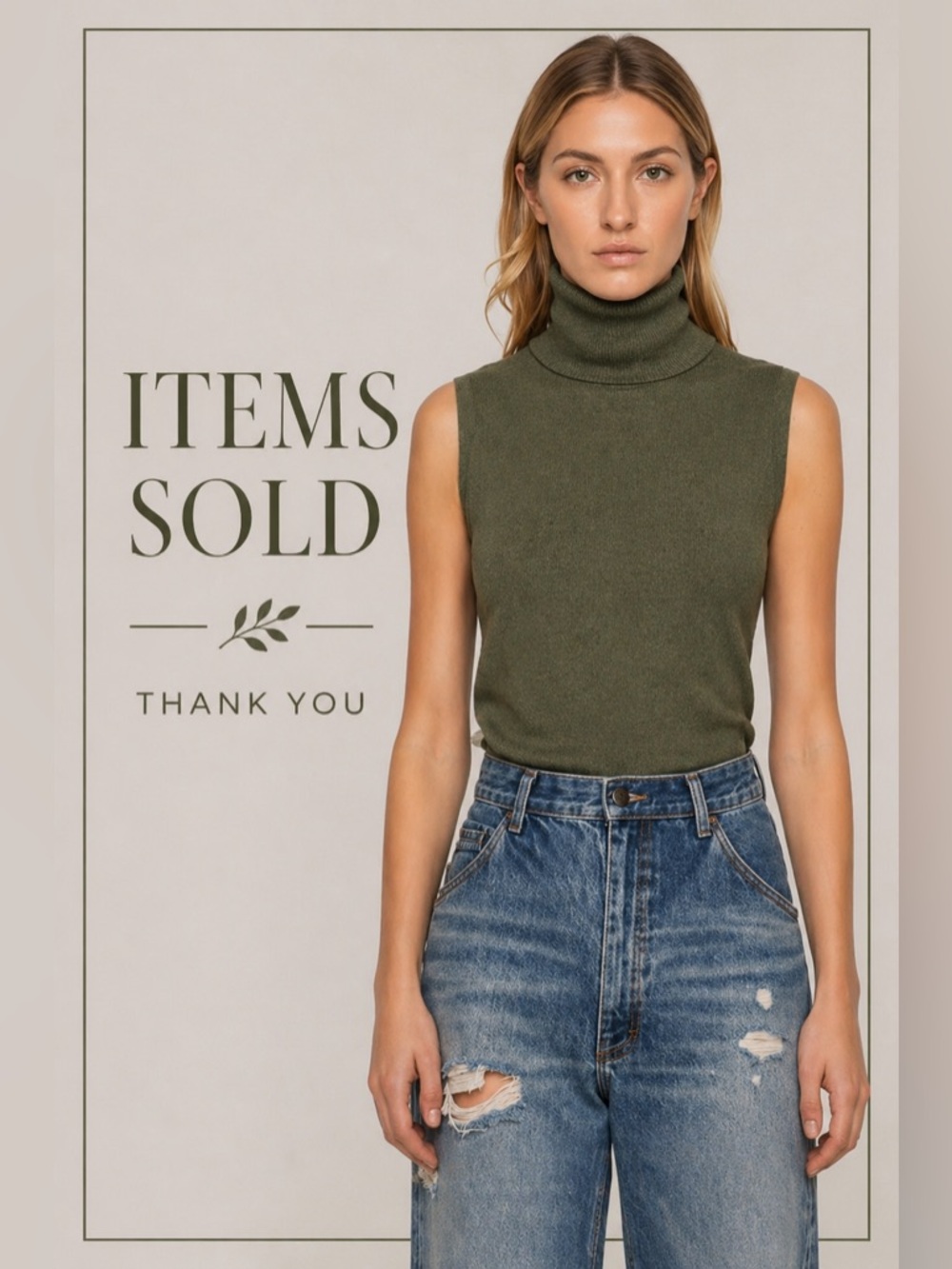 #136 🌷Kate Hill Olive Sleeveless Turtleneck 100% Merino wool Knit Tank